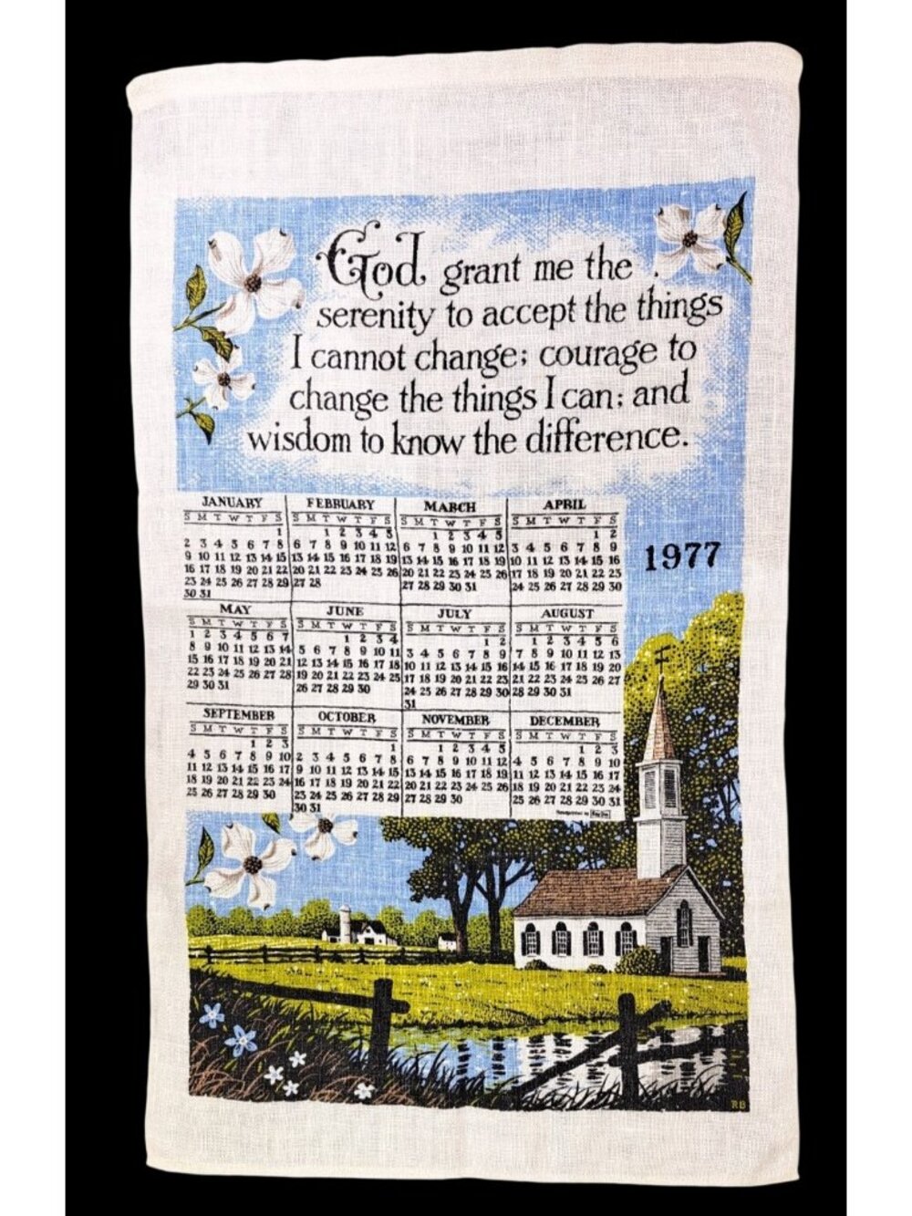 Vintage 1977 Linen Calendar Towel Serenity Prayer God Church 29" x 17" Kay Dee